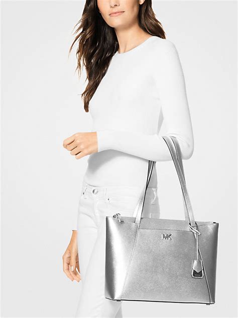 michael kors maddie grey|Maddie Medium Crossgrain Leather Tote Bag .